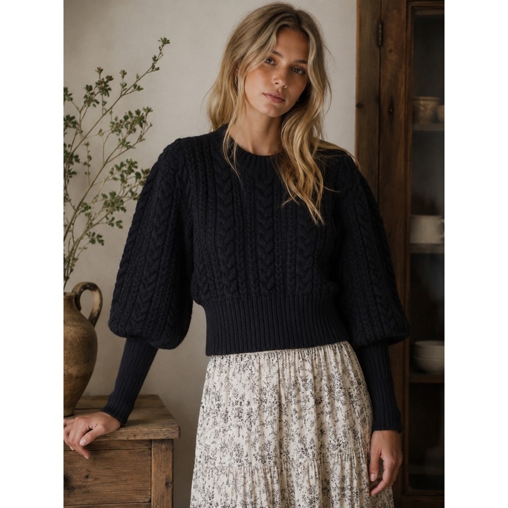 DOEN Black Mulberry Cable Knit Alpaca Sweater Small Quiet Luxury Puff Sleeve